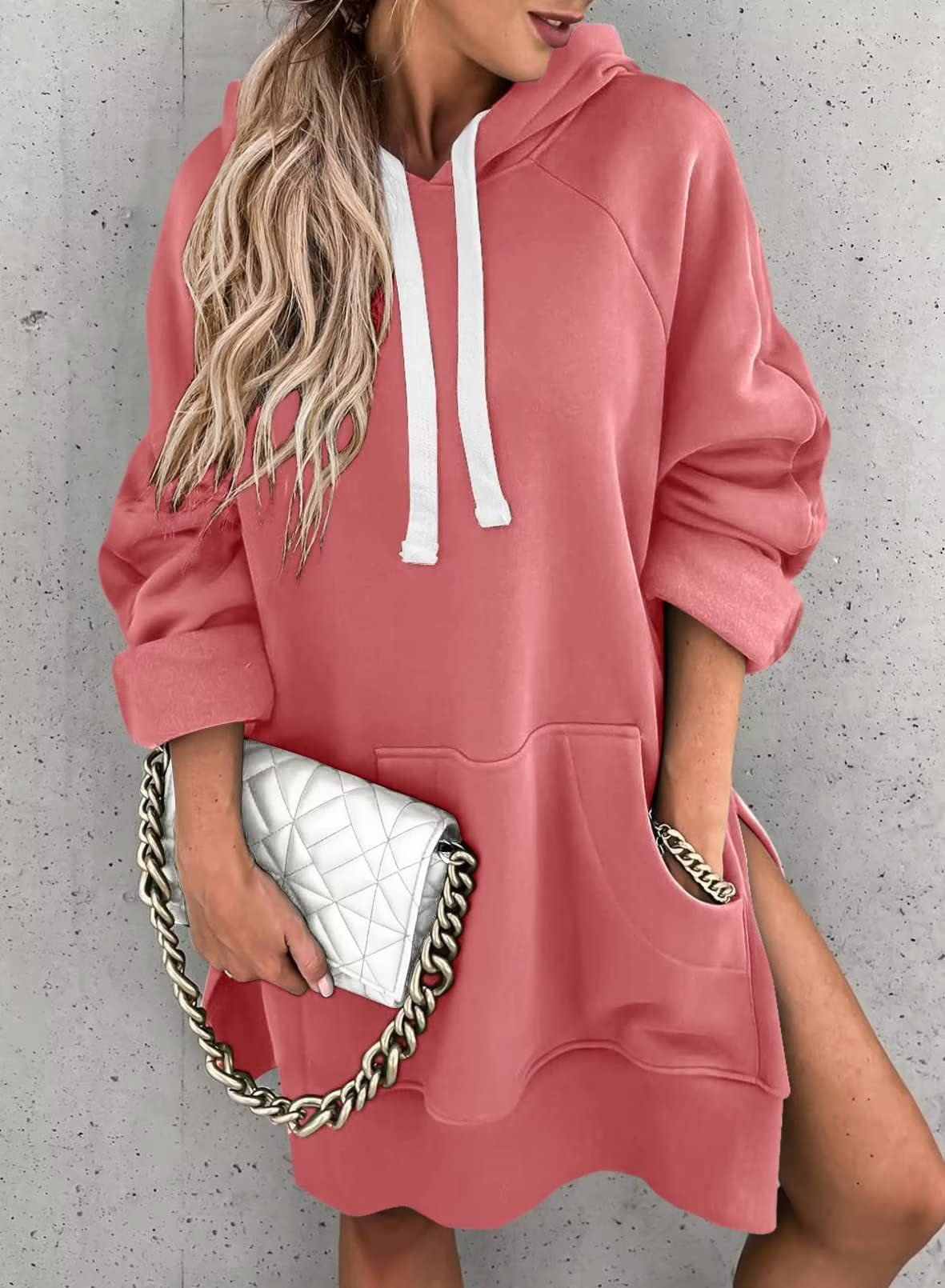 New Women's Solid Color Hooded Mid-Length Sweatshirt