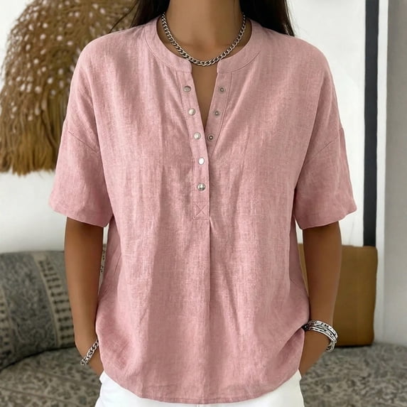 Women's Solid-Color Loose-Fit Short-Sleeve Henley Pullover