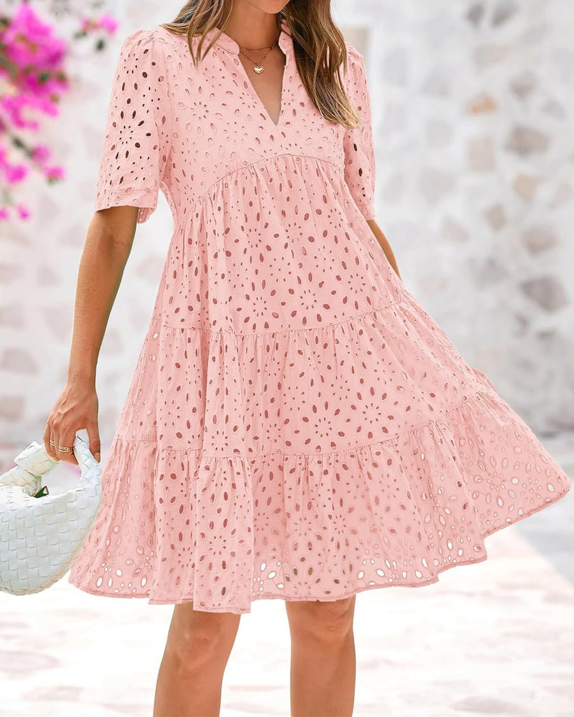 💥💃Women's Elegant Hollow Out Lace Ruffle Casual Mini Dress
