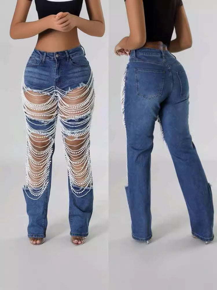 Upgrade your closet with 🔥2024's stylish chain embellished jeans!
