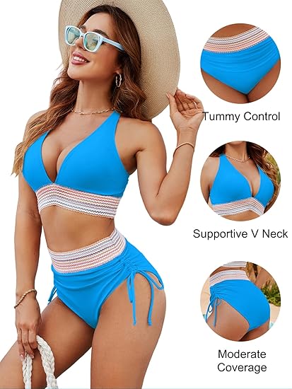 🎁2025 High Waisted Tummy Control Color Block Bikini Sets