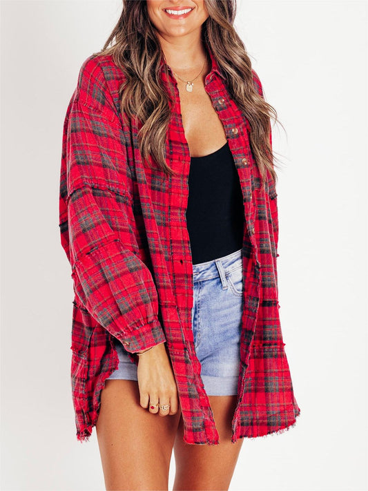 👚Women's Seams Raw Edge Washed Oversized Shirt Jacket with Pockets