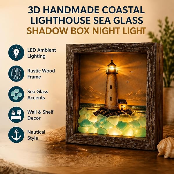 💡Handcrafted: 3D Coastal Lighthouse & Sea Glass Shadow Box Night Light