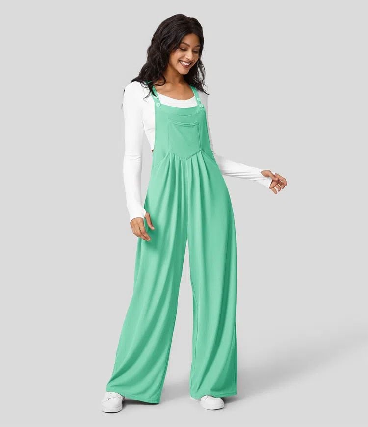 Adjustable Strap Button Multiple Pockets Plicated Waffle Casual Overalls