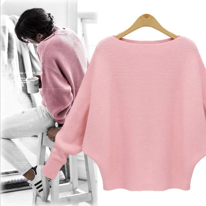 Women's Boat Neck Bat Sleeve Knitted Sweater
