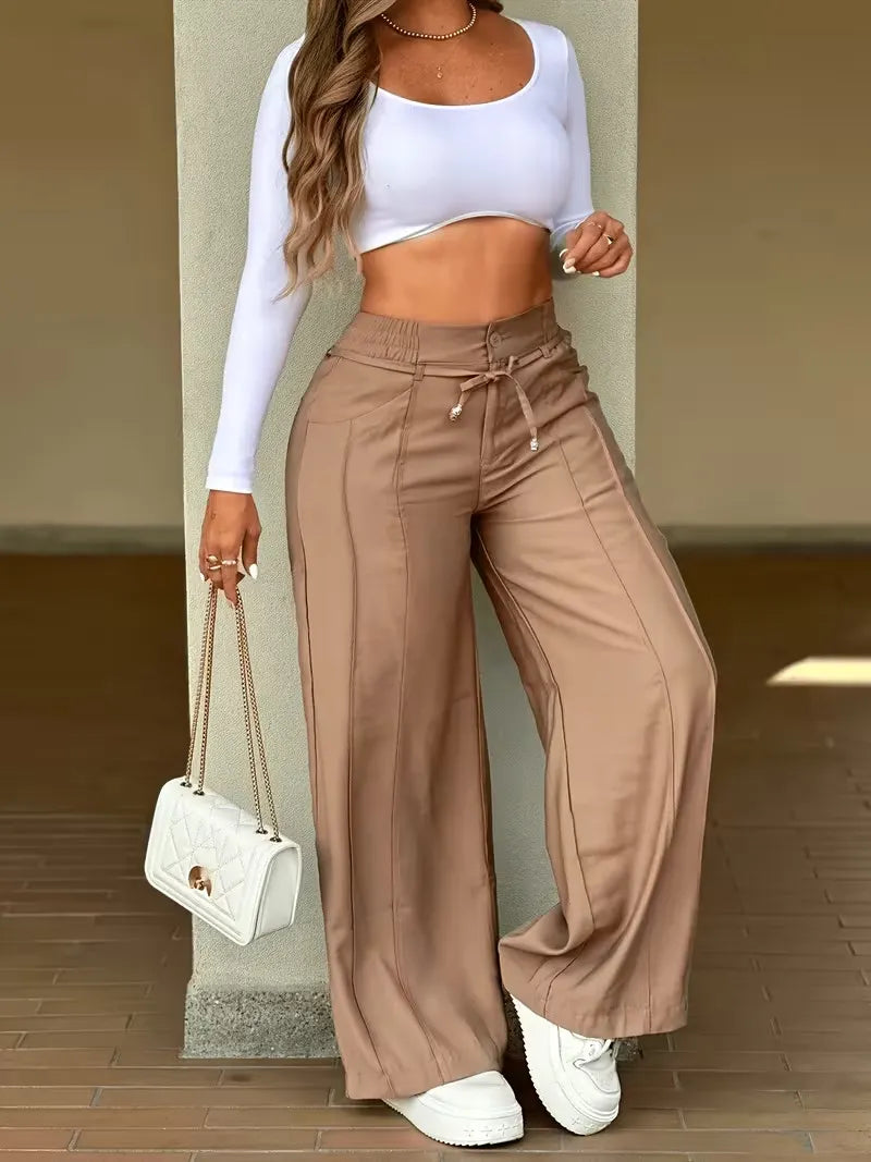 Women's Drawstring Multi-Pocket Straight-Leg Wide-Leg Pants