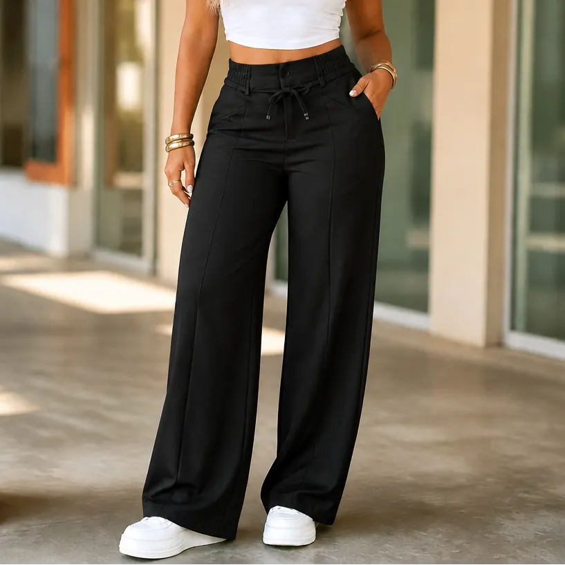 Women's Drawstring Multi-Pocket Straight-Leg Wide-Leg Pants