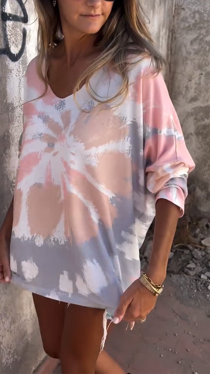 Women's V-neck Knitted Tie-dye Casual Top