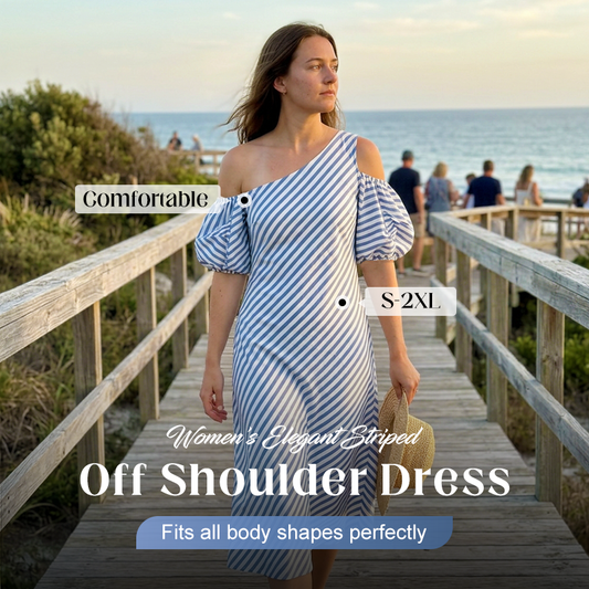 👗 LIMITED-TIME 49% OFF! ✨ Women's Striped Off Shoulder Dress – Elegant, Flowy, Summer Chic 🌊