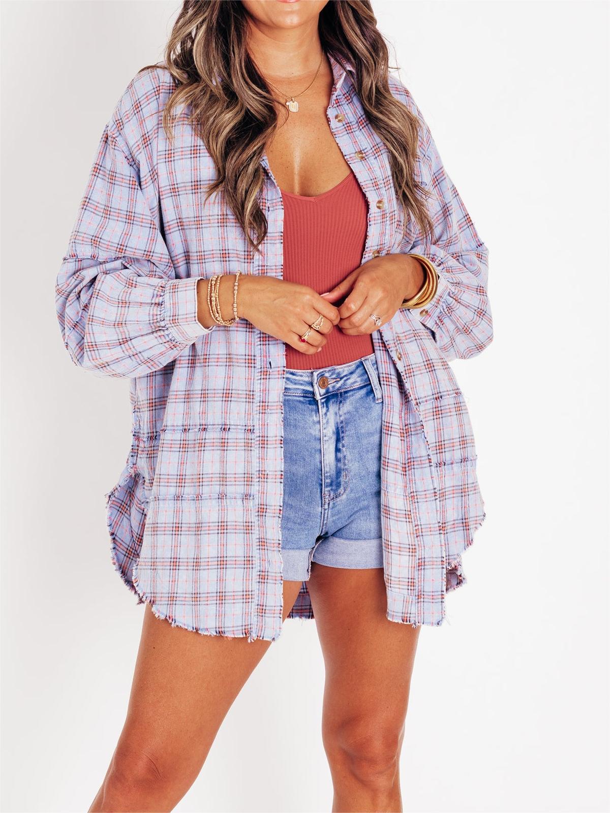 👚Women's Seams Raw Edge Washed Oversized Shirt Jacket with Pockets