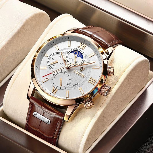 New Brown Leather Mens Watch Top Brand Fashion Waterproof Watch For Men