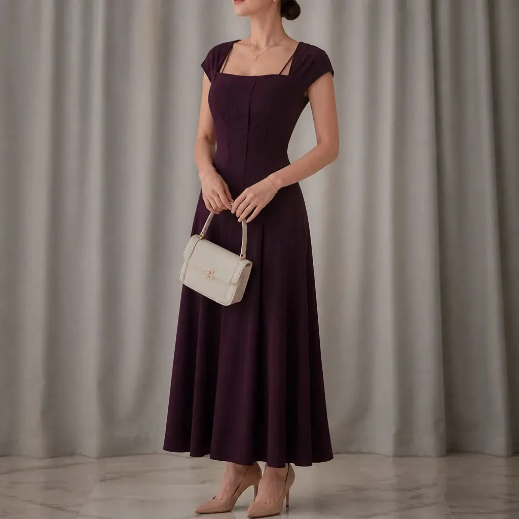 💃Women's Solid-Color Square-Neck A-Line Midi Dress