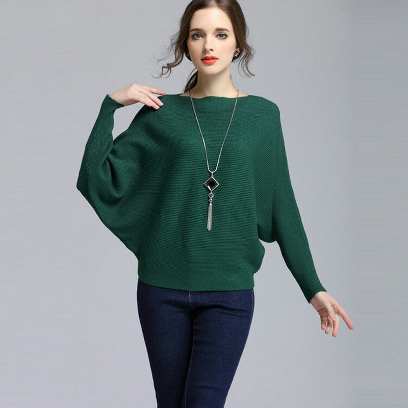 Women's Boat Neck Bat Sleeve Knitted Sweater