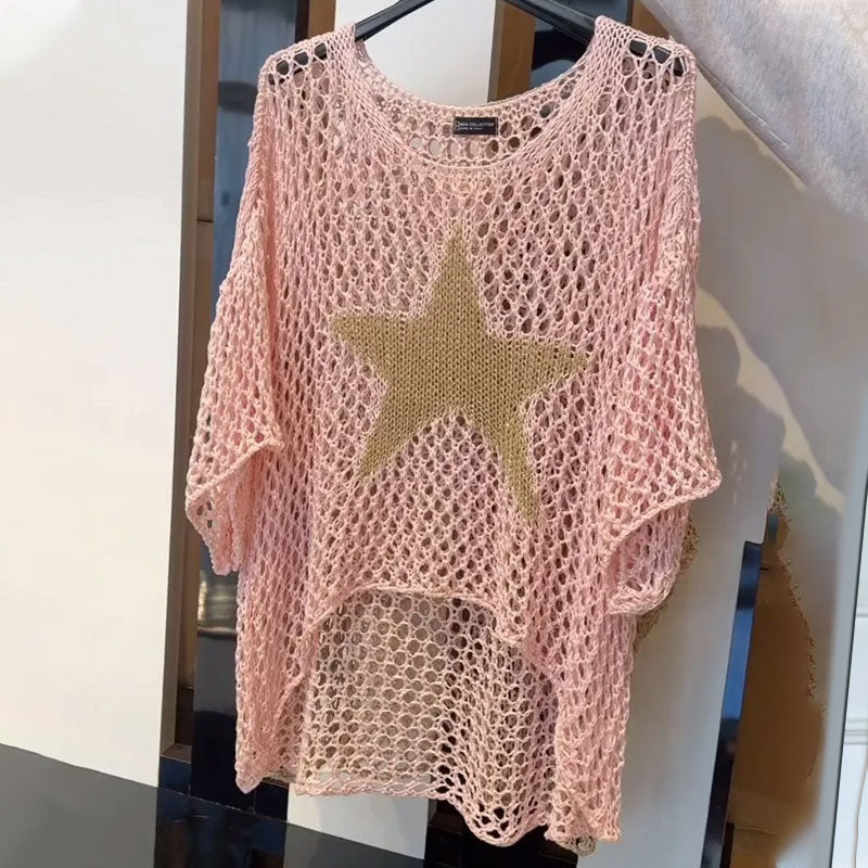 ⌛💥Women's Fashion Round Neck Crochet Knit Fishnet Top