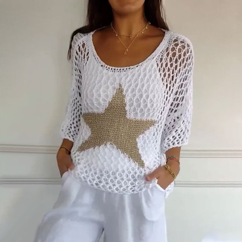 ⌛💥Women's Fashion Round Neck Crochet Knit Fishnet Top