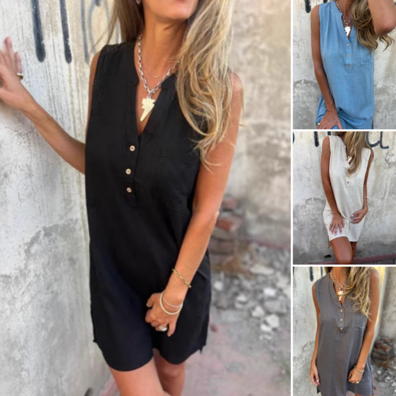💃💖Women's Sleeveless Button Pocket V-Neck Dress