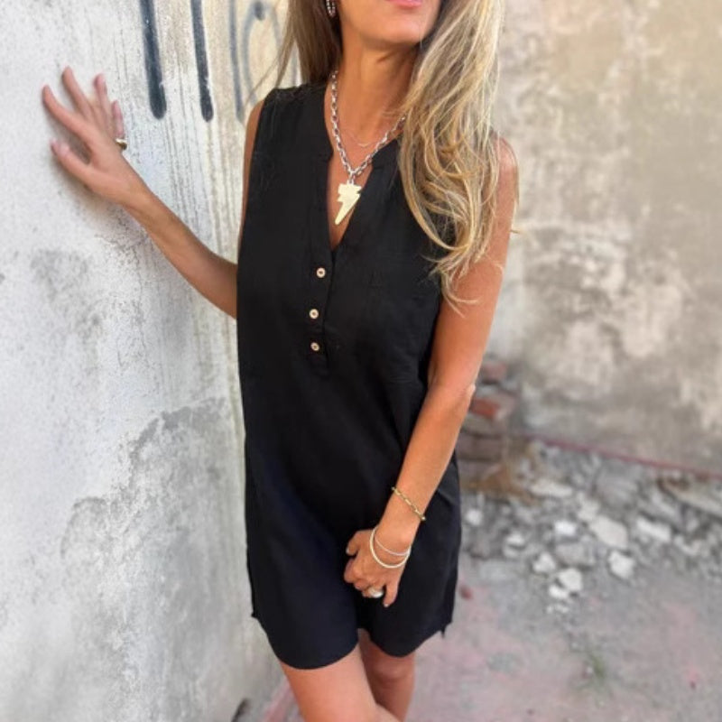 💃💖Women's Sleeveless Button Pocket V-Neck Dress