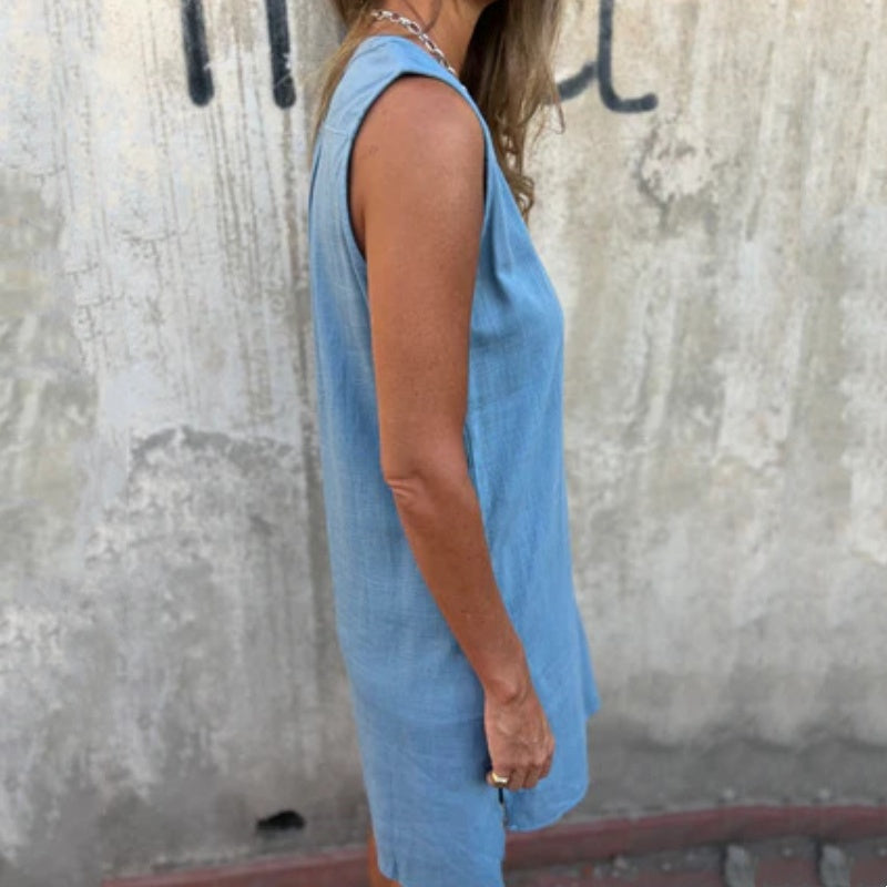 💃💖Women's Sleeveless Button Pocket V-Neck Dress