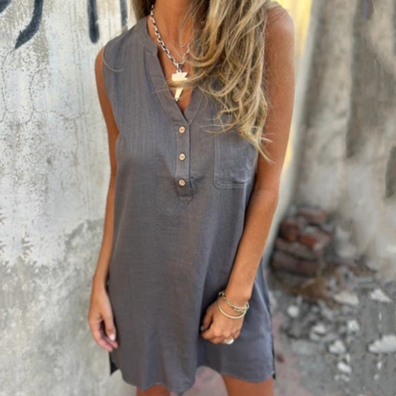 💃💖Women's Sleeveless Button Pocket V-Neck Dress