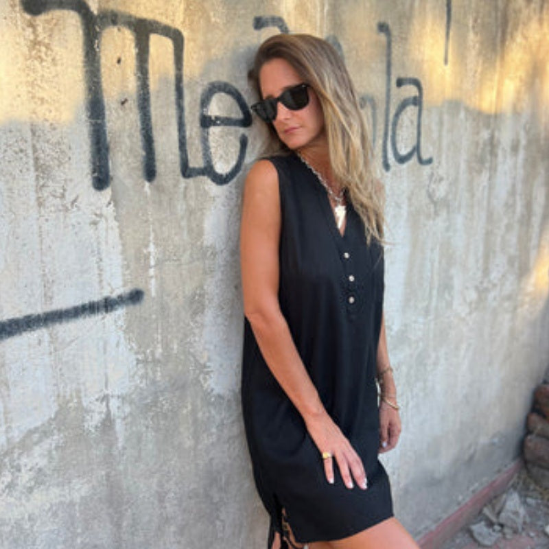 💃💖Women's Sleeveless Button Pocket V-Neck Dress