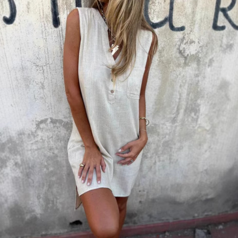 💃💖Women's Sleeveless Button Pocket V-Neck Dress