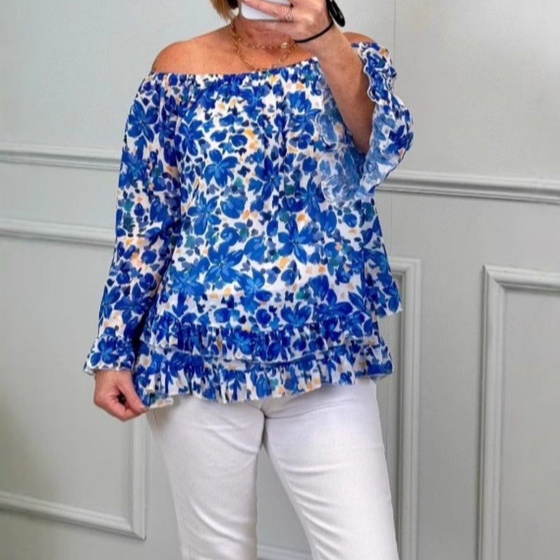 💝Printed One-Shoulder Long Sleeve Women's Chiffon Shirt