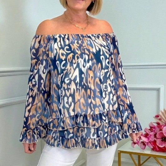 💝Printed One-Shoulder Long Sleeve Women's Chiffon Shirt
