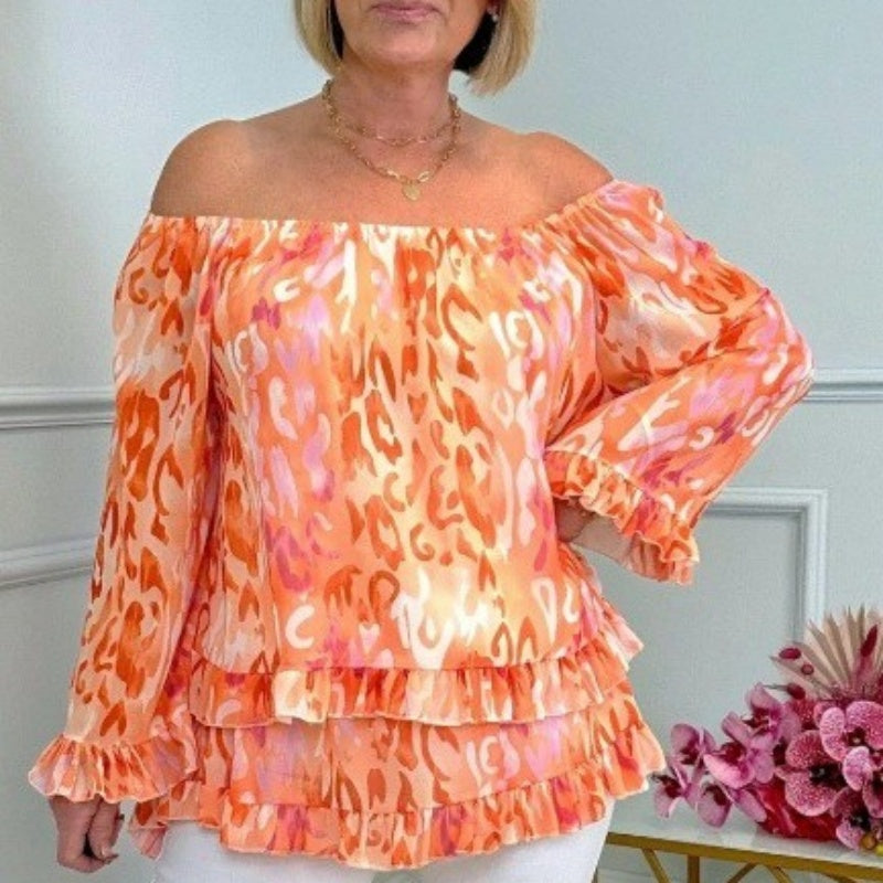 💝Printed One-Shoulder Long Sleeve Women's Chiffon Shirt