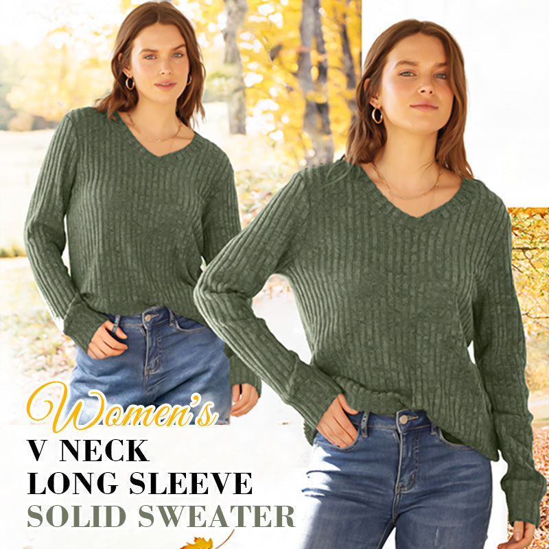 🔥Women's V Neck Long Sleeve Solid Sweater