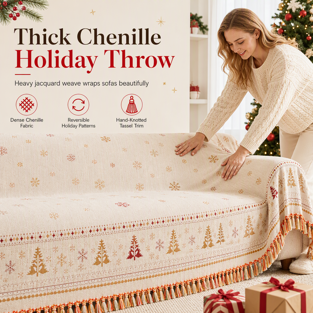 ⏰Thickened Christmas Style Chenille Sofa Cover Full Coverage Cat Scratch Resistant and Stain Resistant Couch Slipcover